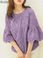 Elegant Hollow-Out Lace Blouse-HighTouch