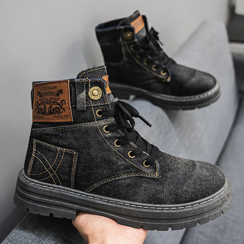Size 48 Denim Lace-Up Men’s Platform Travel Boots-HighTouch