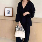 Women’s Knit Matching Set Zip Cardigan Wide Leg Pants Cozy Outfit-HighTouch