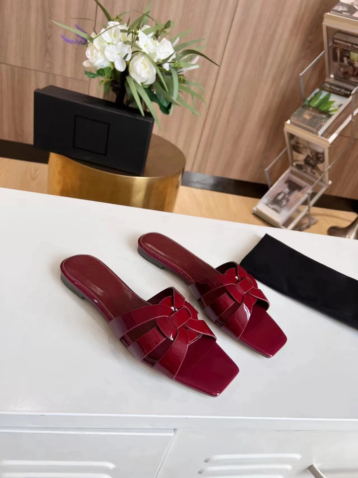 Women’s Genuine Leather Square Toe Summer Slides Casual Slip-On Sandals-HighTouch