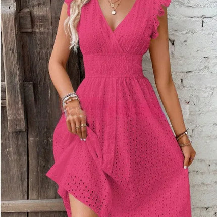 V‑Neck Hollow‑Lace Flare Sleeve Beach Midi Dress