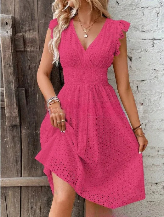 V‑Neck Hollow‑Lace Flare Sleeve Beach Midi Dress-HighTouch