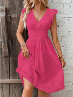 V‑Neck Hollow‑Lace Flare Sleeve Beach Midi Dress-HighTouch