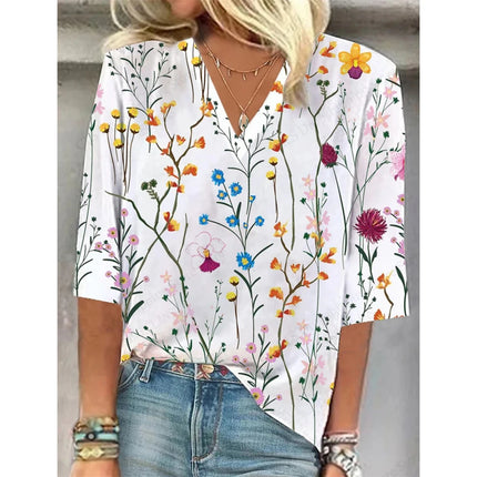 Vintage 3D Floral Oversized V‑Neck Tee – Breezy Summer Style