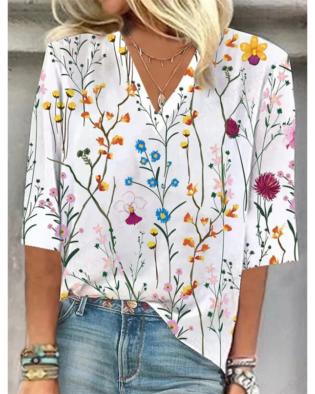 Vintage 3D Floral Oversized V‑Neck Tee – Breezy Summer Style