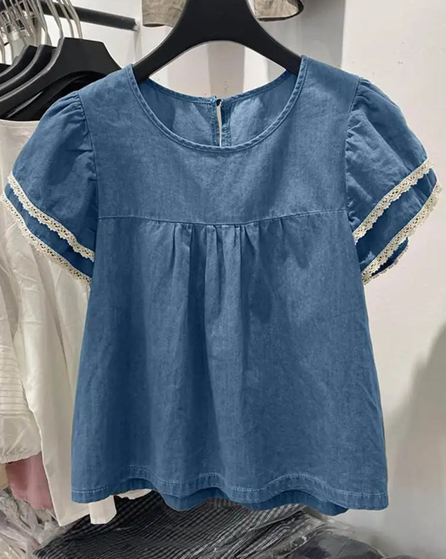 Zanzea Lace Patchwork Denim Blouse – Casual Summer Top for Women