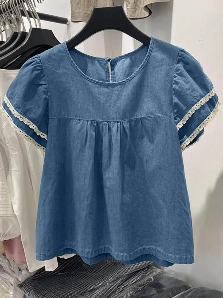 Camicia in denim con pizzo e toppe Zanzea – Maglia estiva informale per donne
