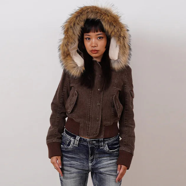 Winter Jacket Women Brown Short Hooded Detachable Fur Collar