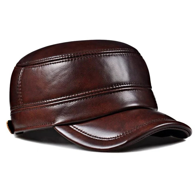 Genuine Leather Ear-Warm Flat Cap – Vintage Winter Military Style