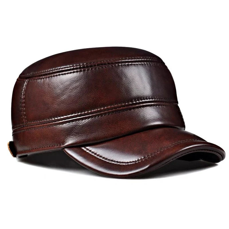 Cowhide Leather Ear-Warm Flat Cap – Vintage Winter Military Style-HighTouch
