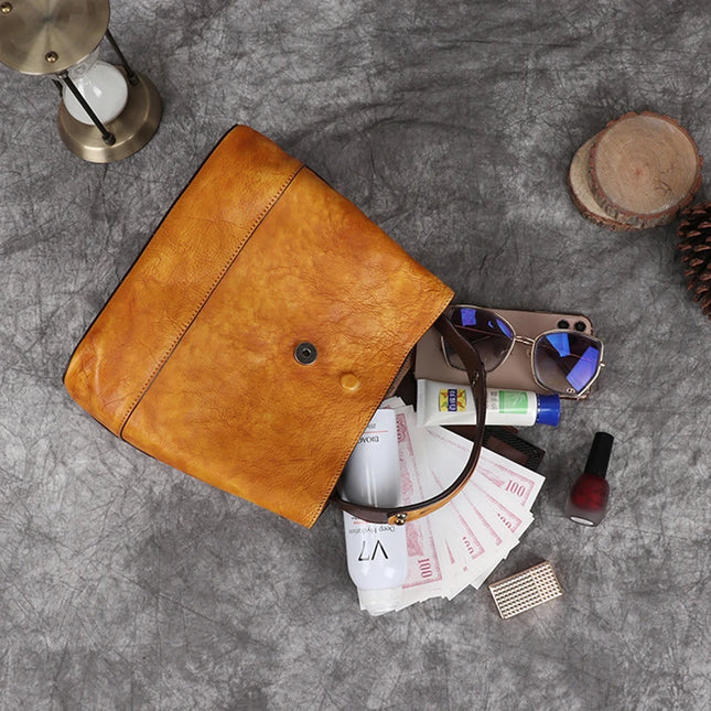 Top-Grain Leather Bucket Bag for Women ‒ Handmade Designer Office & Travel Purse