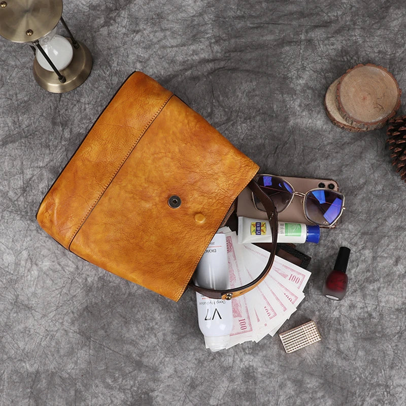 Top-Grain Leather Bucket Bag for Women ‒ Handmade Designer Office & Travel Purse
