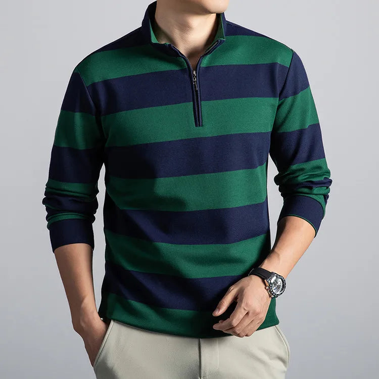 Stand-Up Collar Striped Long Sleeve Tee – Soft Cotton Blend Autumn Staple-HighTouch