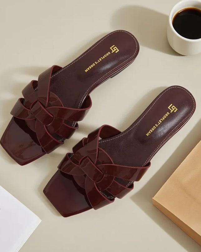 Genuine Leather Square Toe Summer Slides