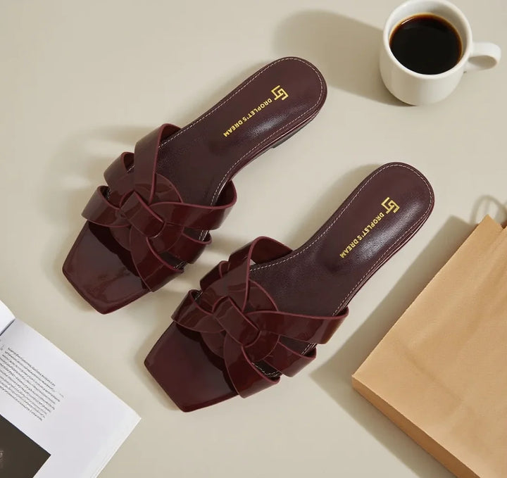 Women’s Genuine Leather Square Toe Summer Slides Casual Slip-On Sandals-HighTouch