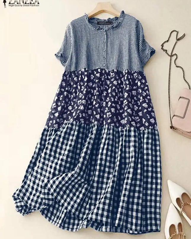 Zanzea Plaid Pleated Maxi Dress