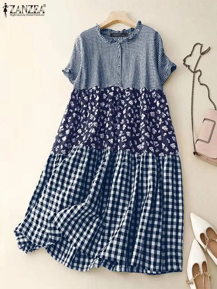 Zanzea Plaid Pleated Maxi Dress-HighTouch