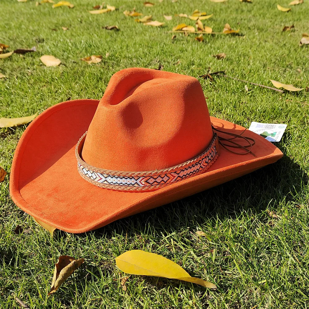 Suede Wide-Brim Western Cowboy Fedora Adjustable Fit-HighTouch