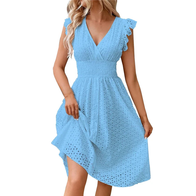 V‑Neck Hollow‑Lace Flare Sleeve Beach Midi Dress