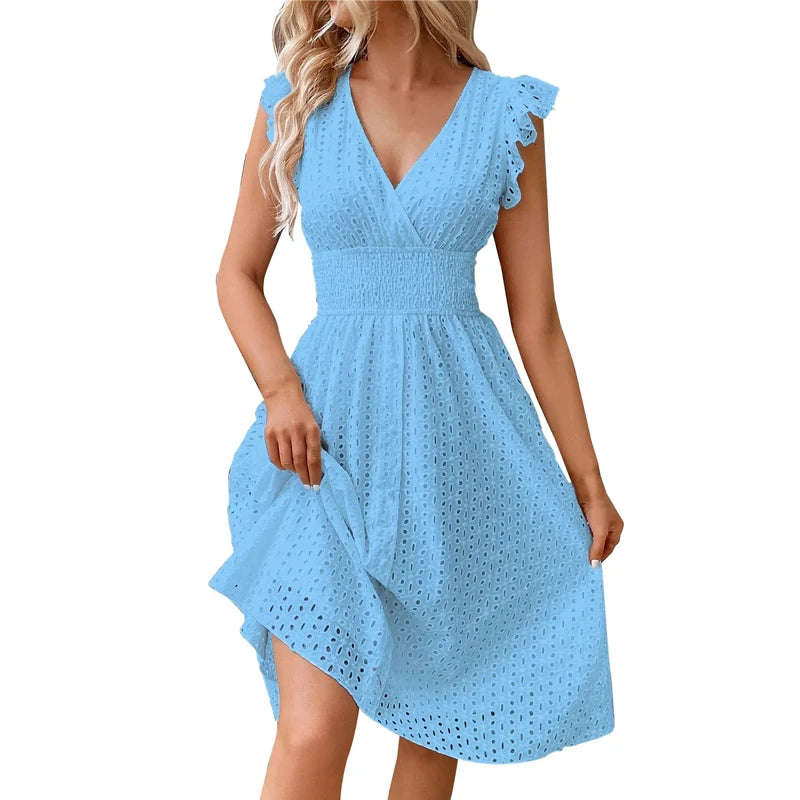 V‑Neck Hollow‑Lace Flare Sleeve Beach Midi Dress-HighTouch