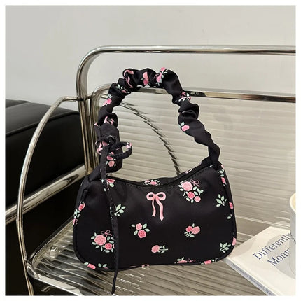 Floral Bow Canvas Pleated Drawstring Shoulder Bag – Aesthetic Underarm Purse