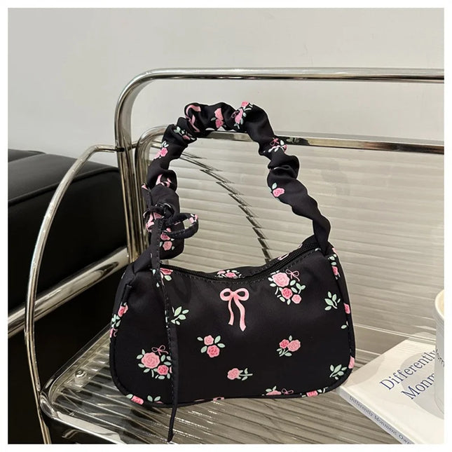 Floral Bow Canvas Pleated Drawstring Shoulder Bag – Aesthetic Underarm Purse