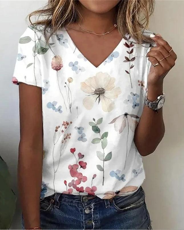 Vintage Floral 3D Print V‑Neck Tee – Oversized Harajuku Style