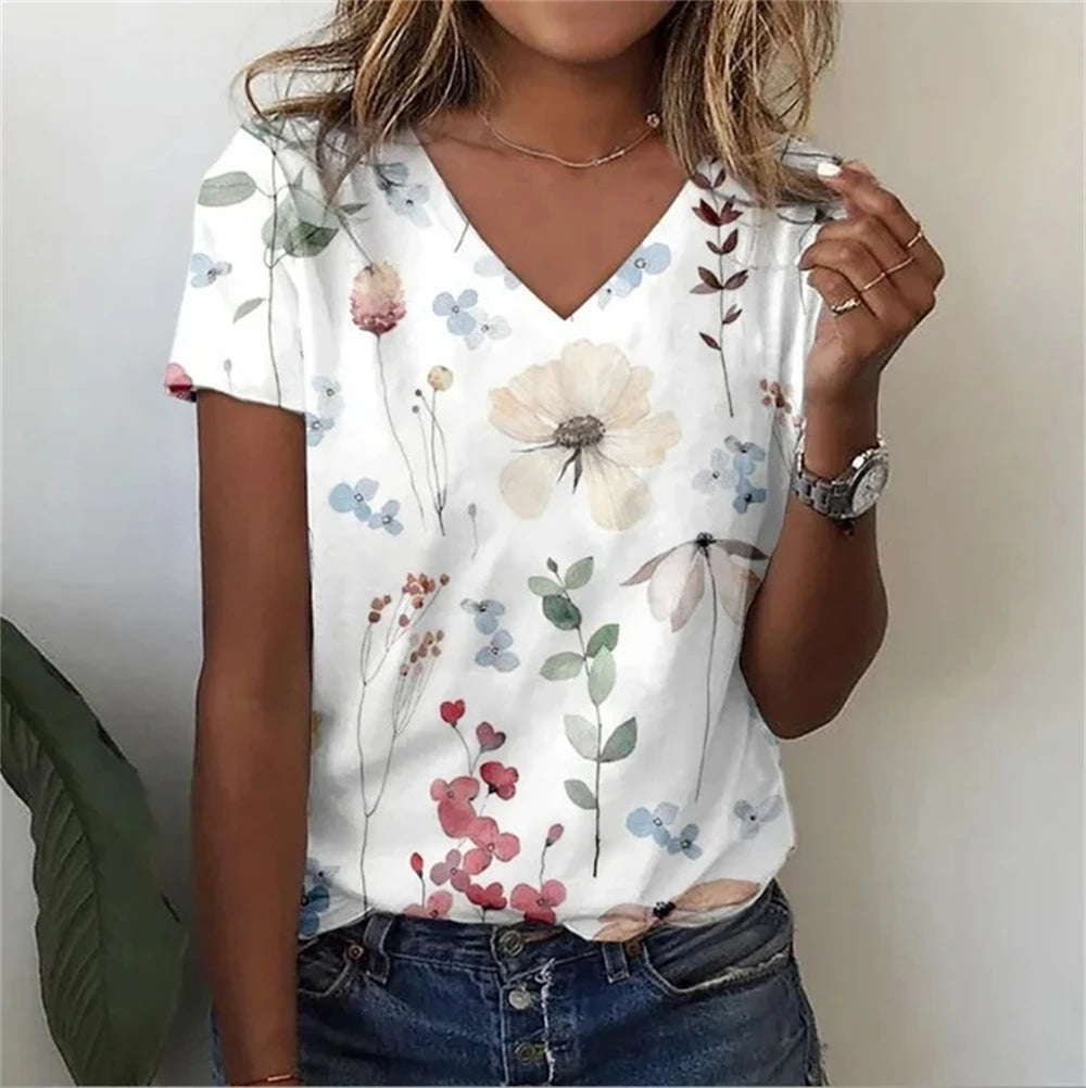 Vintage Floral 3D Print V‑Neck Tee – Oversized Harajuku Style