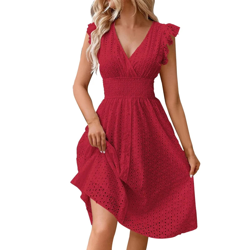 V‑Neck Hollow‑Lace Flare Sleeve Beach Midi Dress