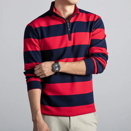 Stand-Up Collar Striped Long Sleeve Tee – Soft Cotton Blend Autumn Staple