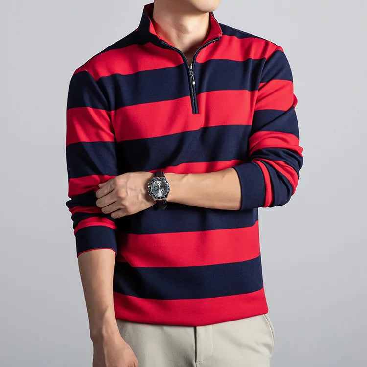 T-shirt met opstaande kraag en lange mouwen met strepen – Zachte katoenmix herfstbasis