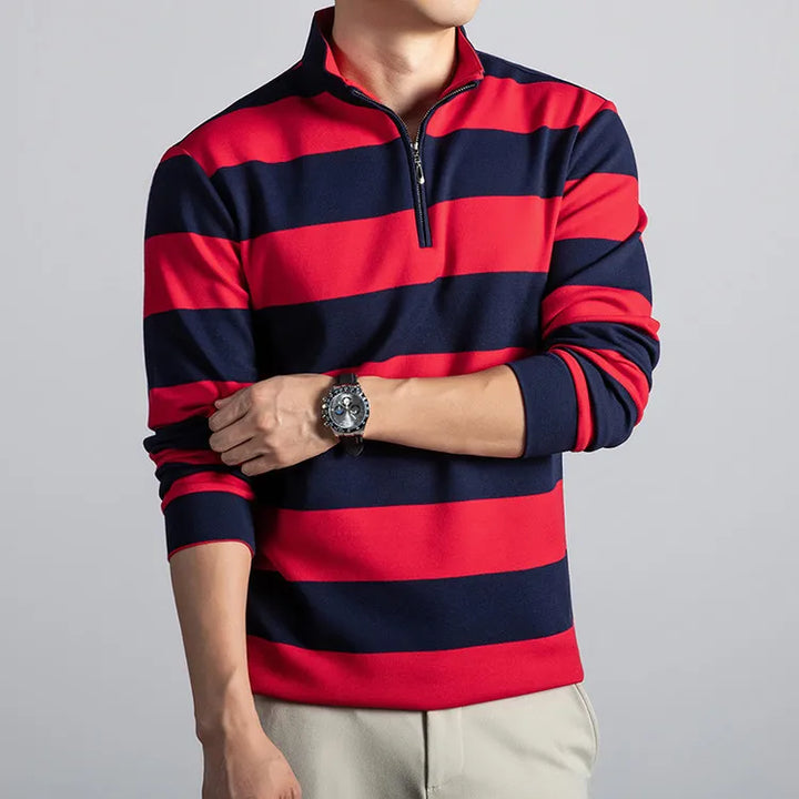 Stand-Up Collar Striped Long Sleeve Tee – Soft Cotton Blend Autumn Staple-HighTouch