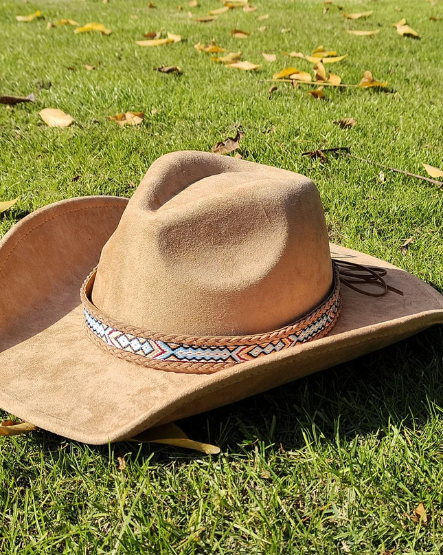 Suede Wide-Brim Western Cowboy Fedora Adjustable Fit