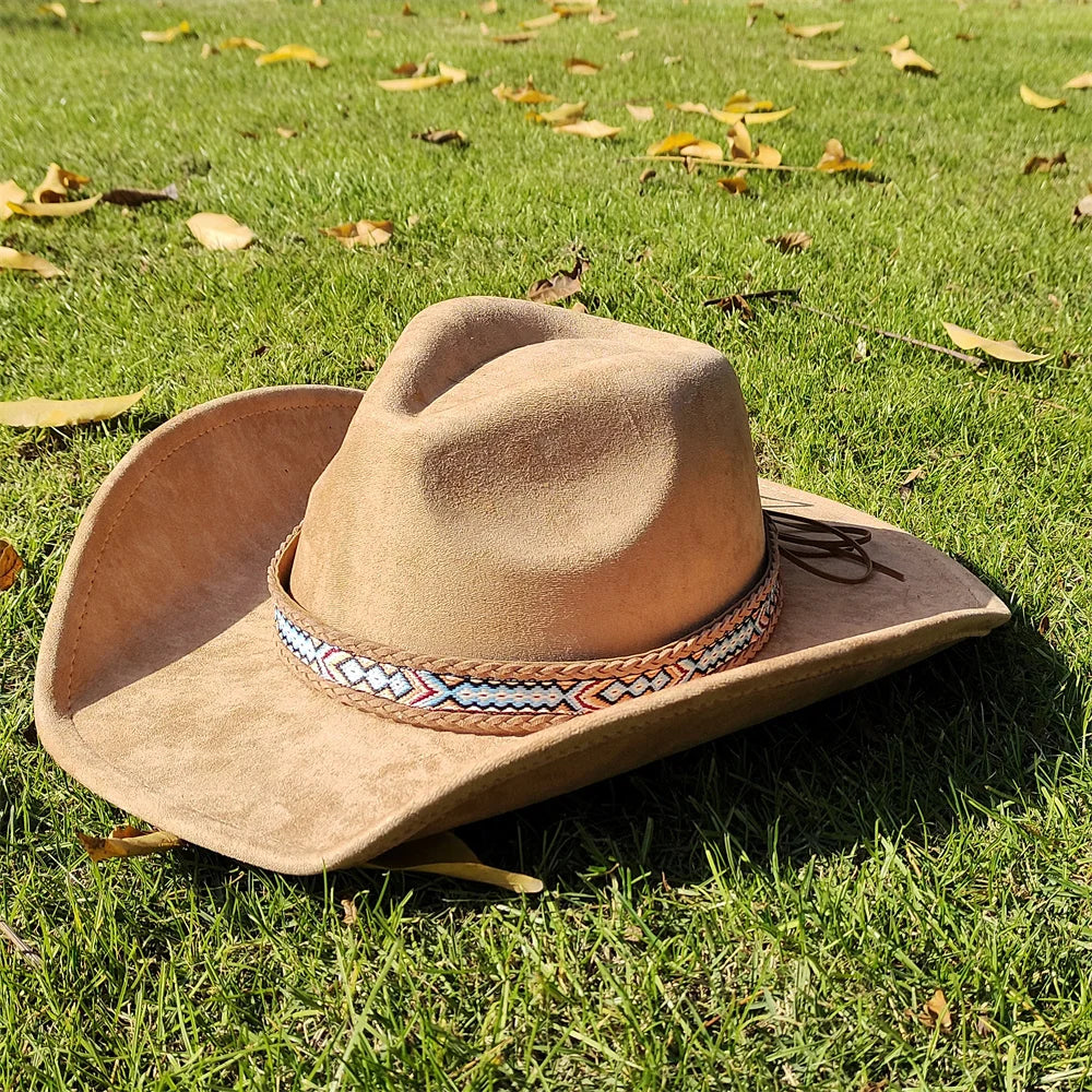 Suede Wide-Brim Western Cowboy Fedora Adjustable Fit-HighTouch