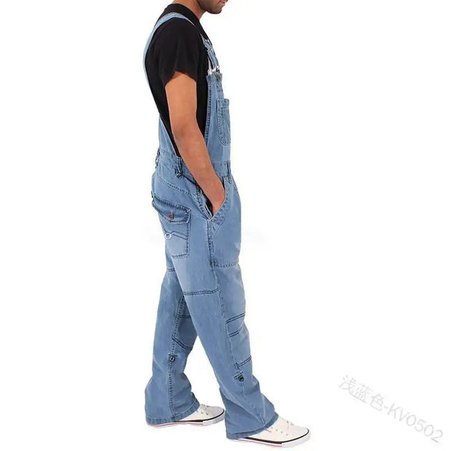 Men’s Baggy Denim Overalls Jumpsuit – Multi-Pocket Washed Suspenders