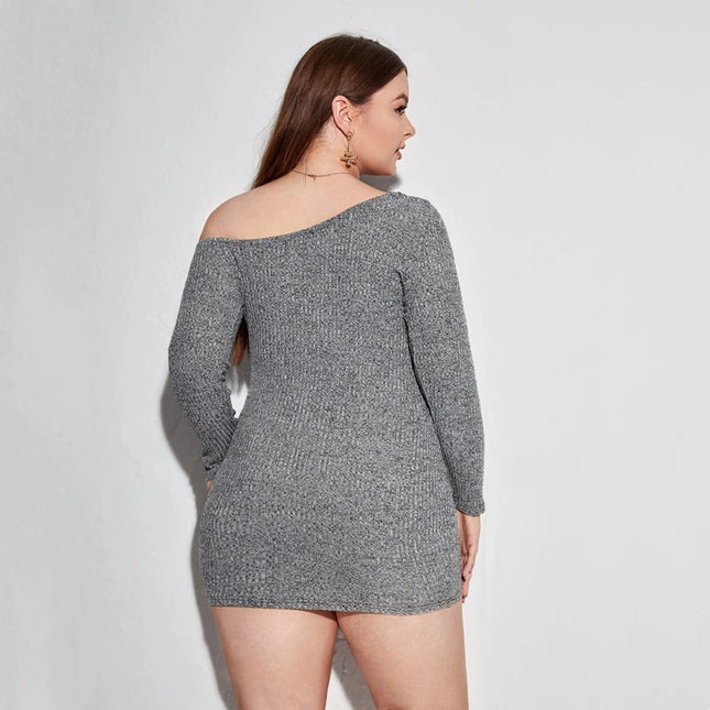 Plus-Size Oblique-Neck Long Sleeve Ribbed Bodycon Dress