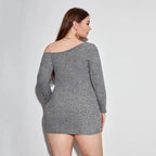 Plus-Size Oblique-Neck Long Sleeve Ribbed Bodycon Dress-HighTouch
