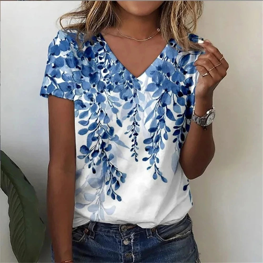 Vintage Floral 3D Print V‑Neck Tee – Oversized Harajuku Style-HighTouch