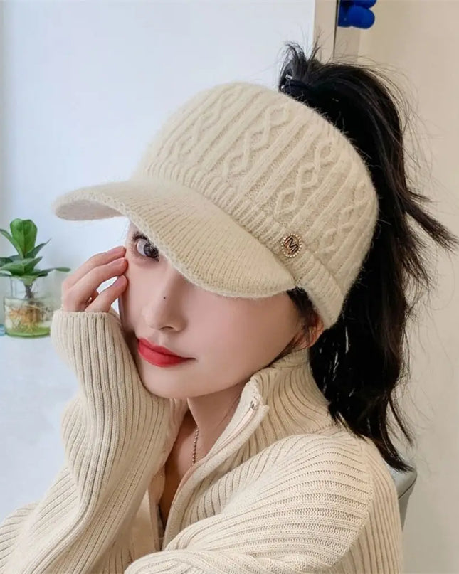 Rabbit Fur-Lined Knit Beanie with Open Top