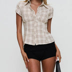 Plaid Button-Down Shirt – 90s Summer Top for Women-HighTouch
