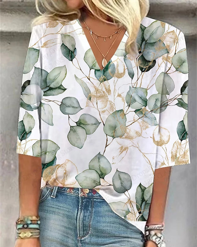 Vintage 3D Floral Oversized V‑Neck Tee – Breezy Summer Style