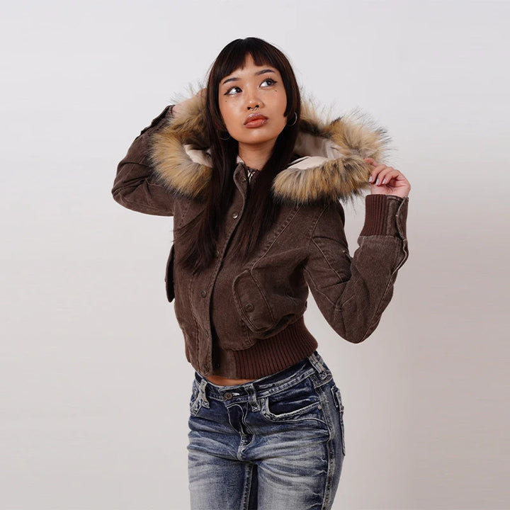 Winter Jacket Women Brown Short Hooded Detachable Fur Collar