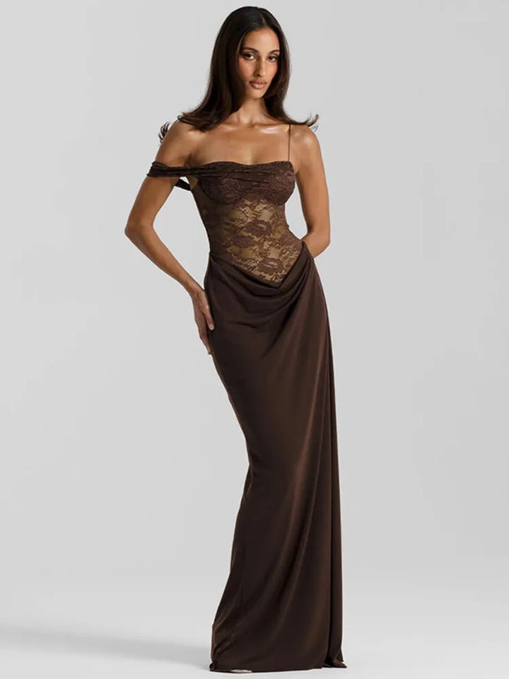 Women’s Lace Maxi Dress One Shoulder Elegant Party Dress-HighTouch