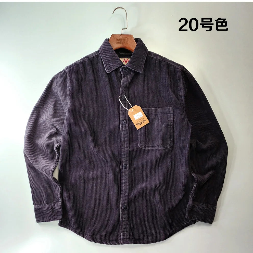 Vintage Retro Corduroy Button-Down Shirt Men –  Cotton Long Sleeve