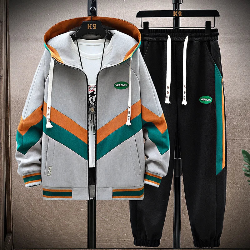 Men’s Korean Patchwork Hooded Tracksuit Set