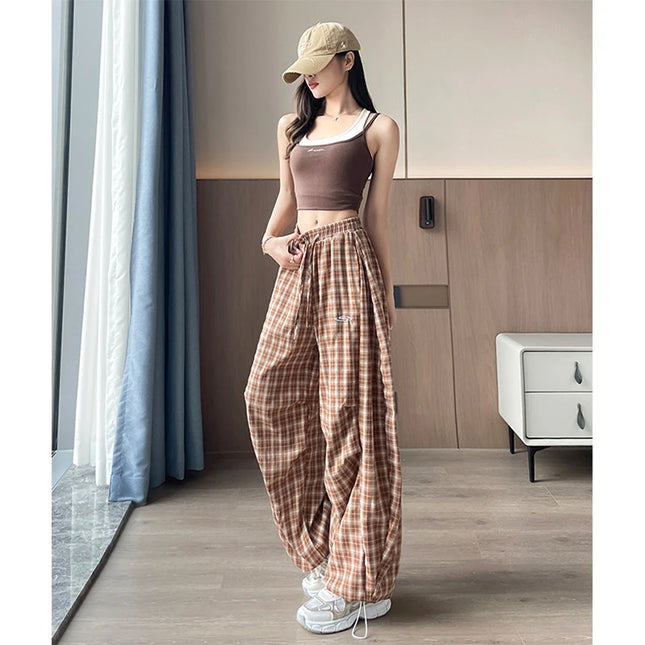 Harajuku Plaid Wide‑Leg Women’s Joggers – Y2K High‑Waist Casual Trousers