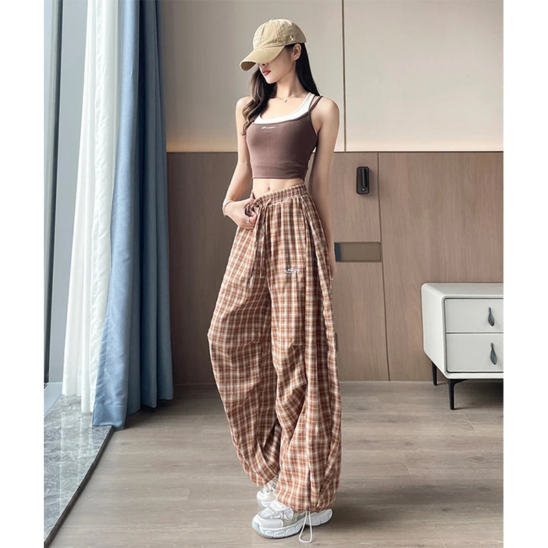 Harajuku Plaid Wide‑Leg Women’s Joggers – Y2K High‑Waist Casual Trousers-HighTouch