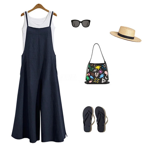 Cotton-Linen Wide-Leg Bib Jumpsuit-HighTouch