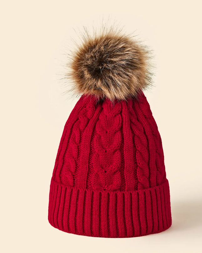 Plush-Pom Knit Flap Beanie for Women