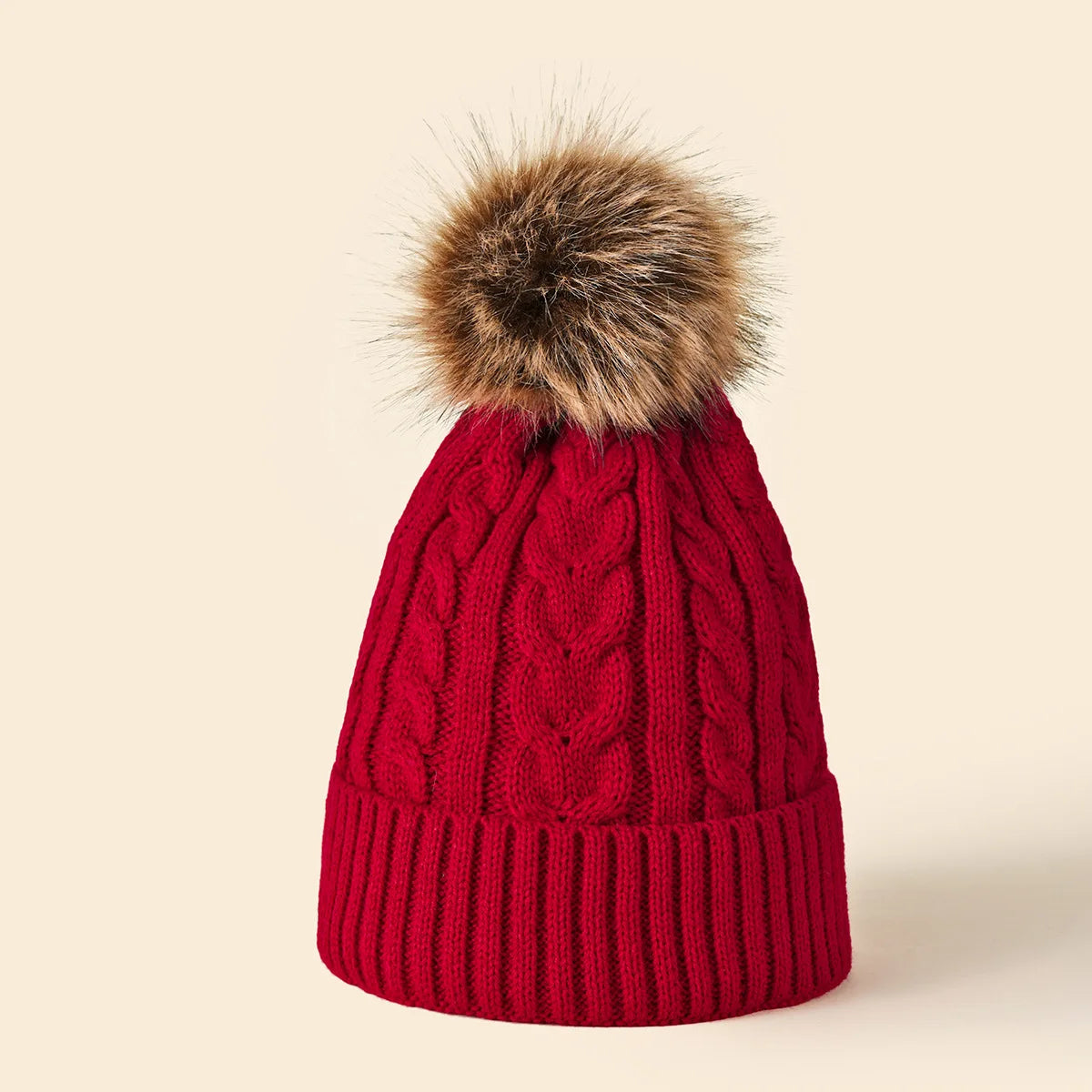 Plush-Pom Knit Flap Beanie for Women